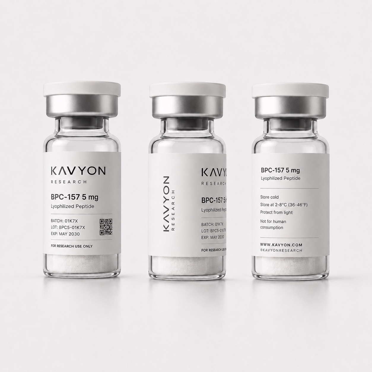 BPC-157 5 mg — same vial shown from three angles