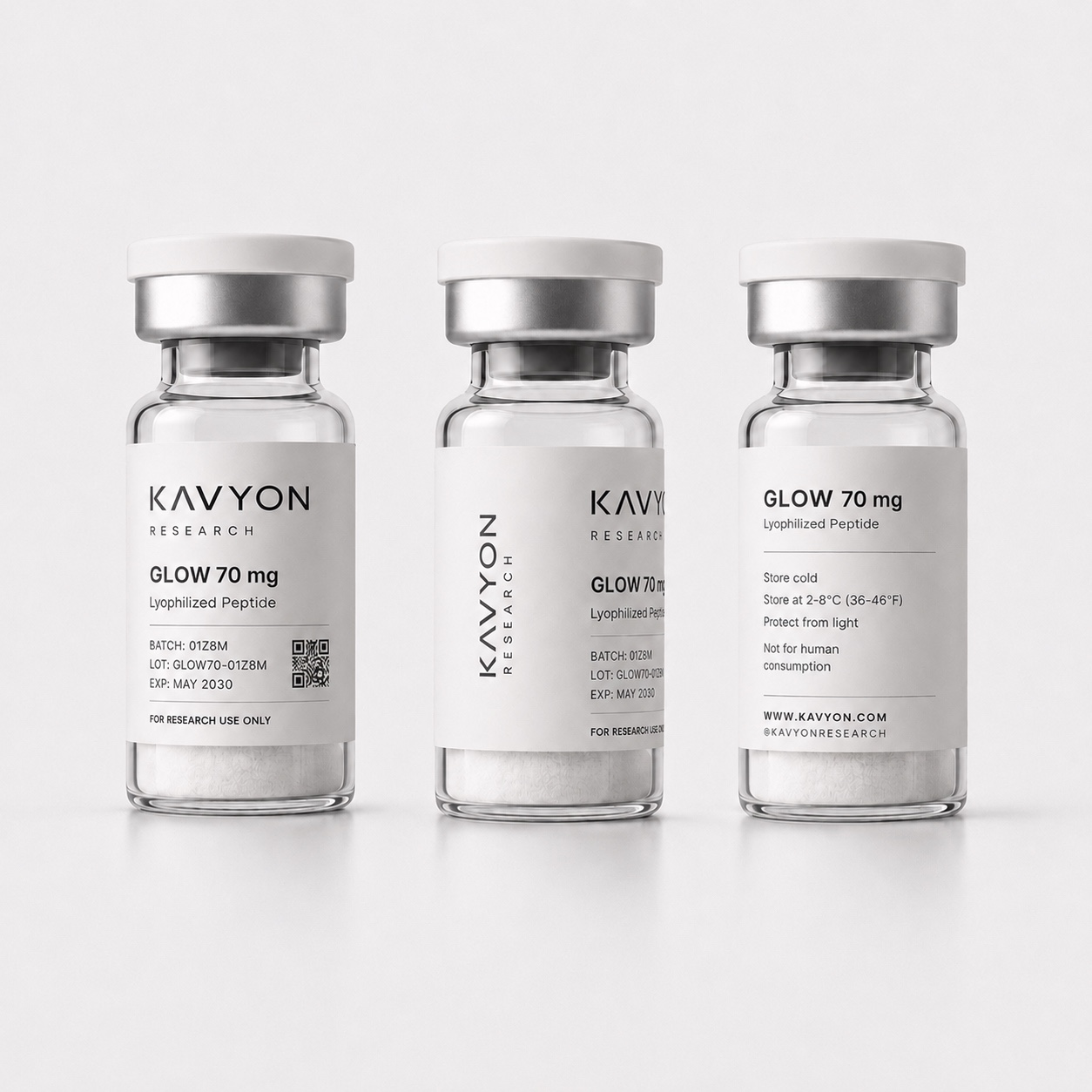 GLOW 70 mg — same vial shown from three angles