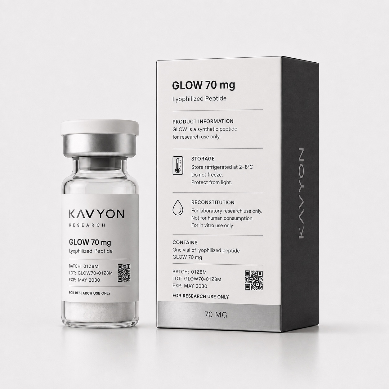 GLOW 70 mg — vial and back of box