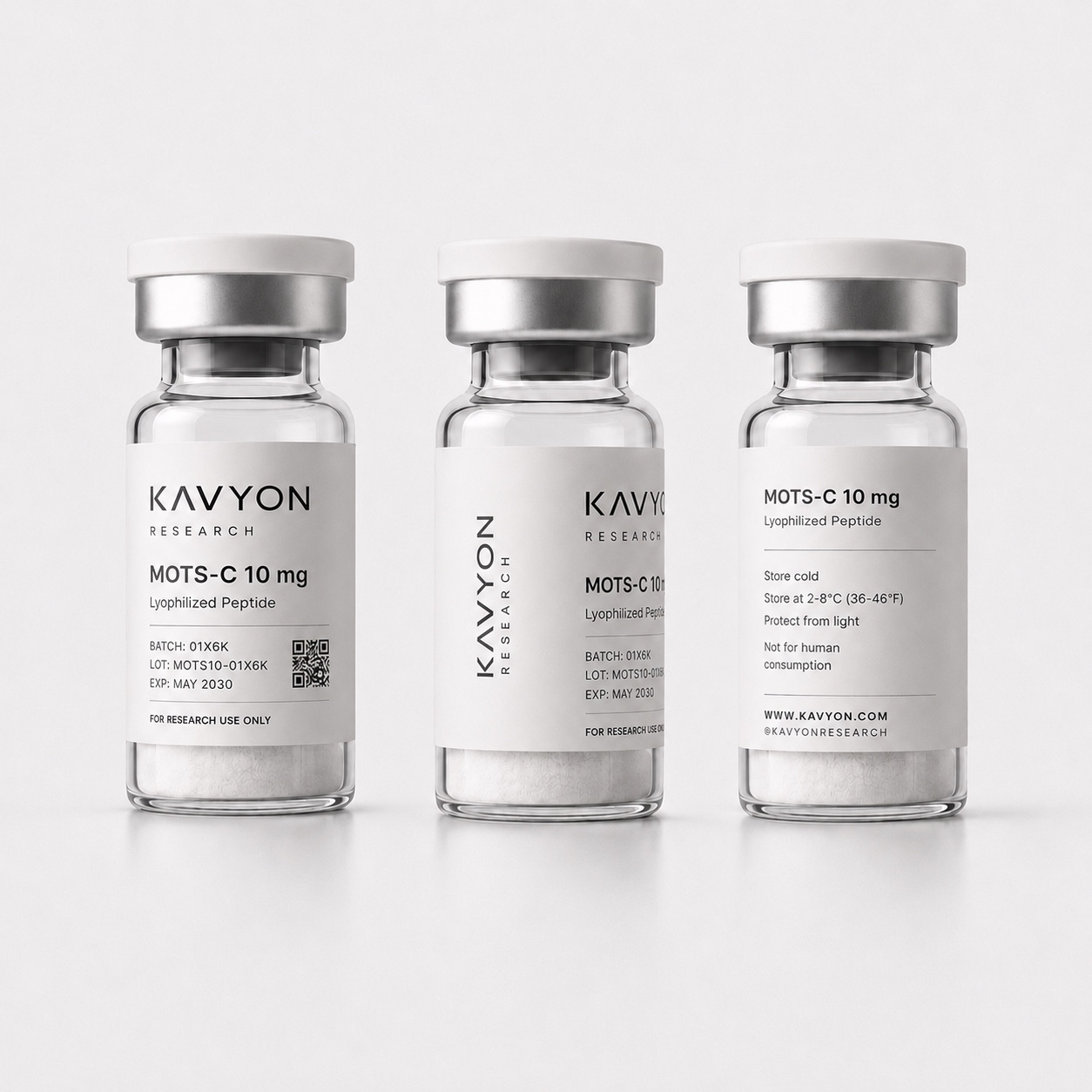 MOTS-C 10 mg — same vial shown from three angles