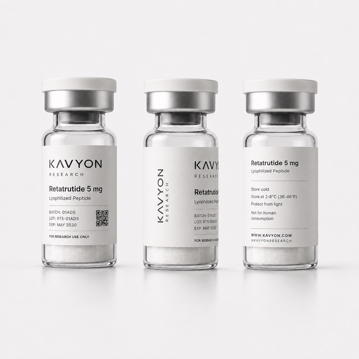Retatrutide 5 mg — same vial shown from three angles